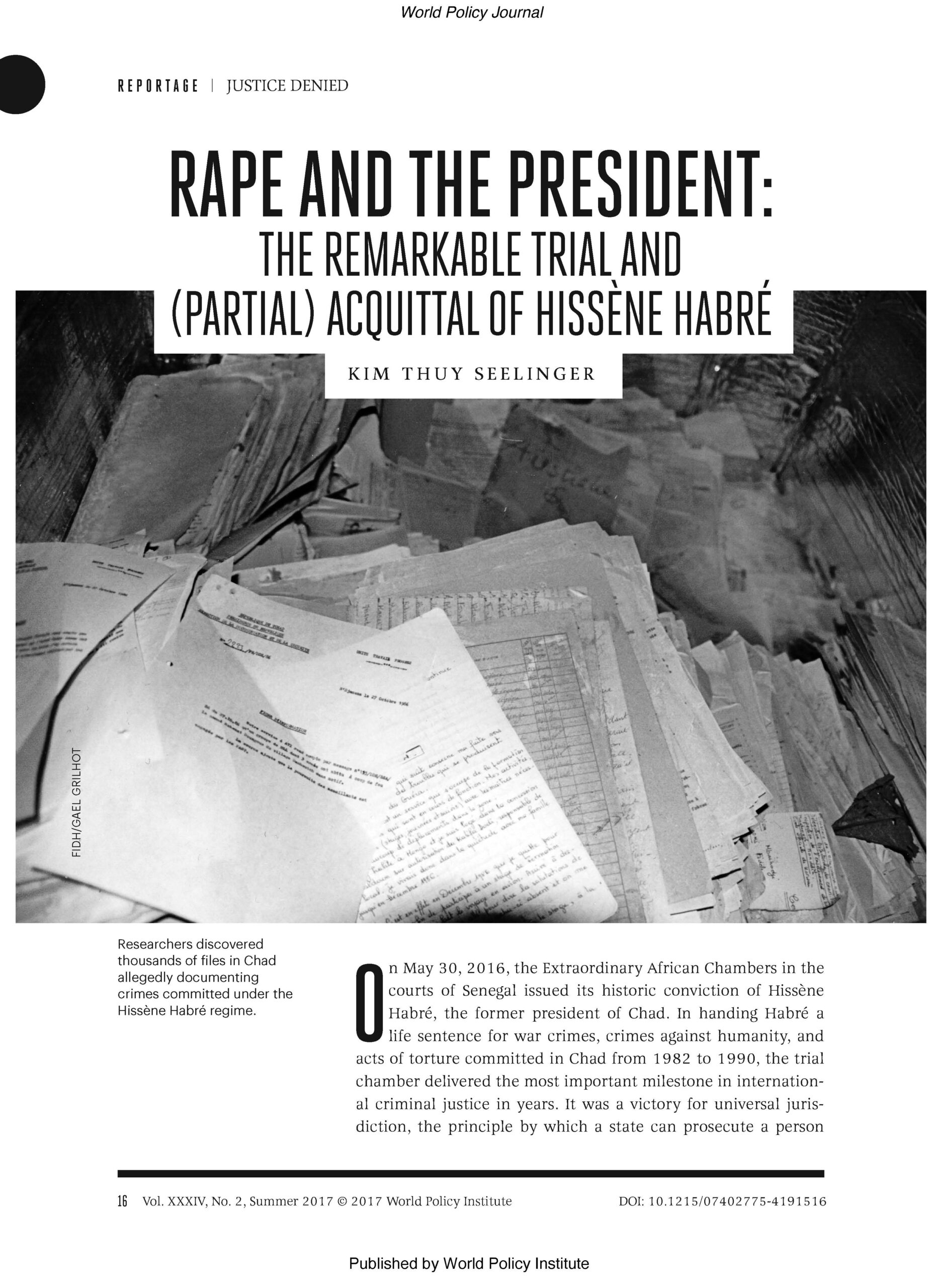 Cover page from Rape and The President- The remarkable trial and (partial) acquittal of Hissène Habré