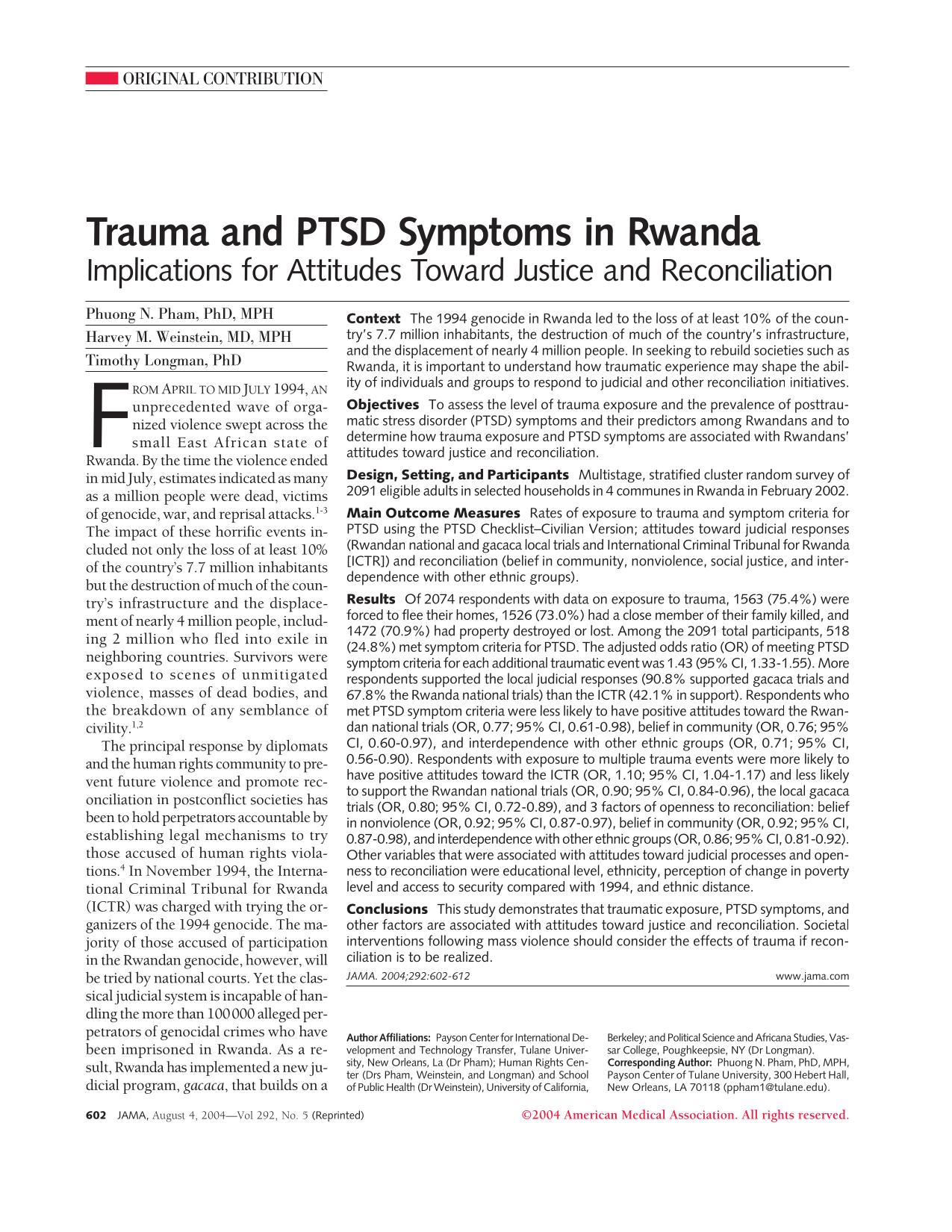 Trauma and PTSD Symptoms in Rwanda
