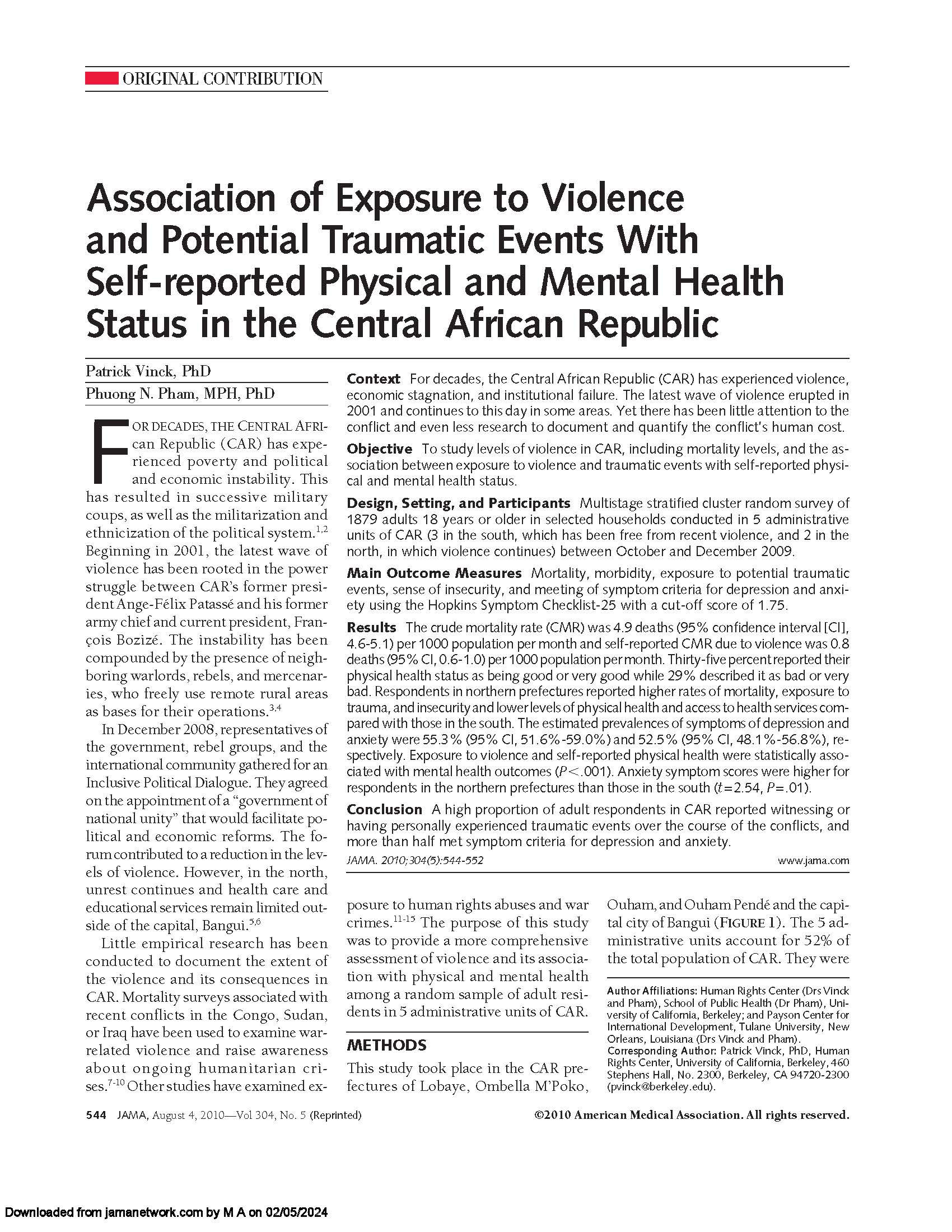 Pages from Association of Exposure to Violence and Potential Traumatic Events With Self-reported Physical and Mental Health Status in the Central African Republic