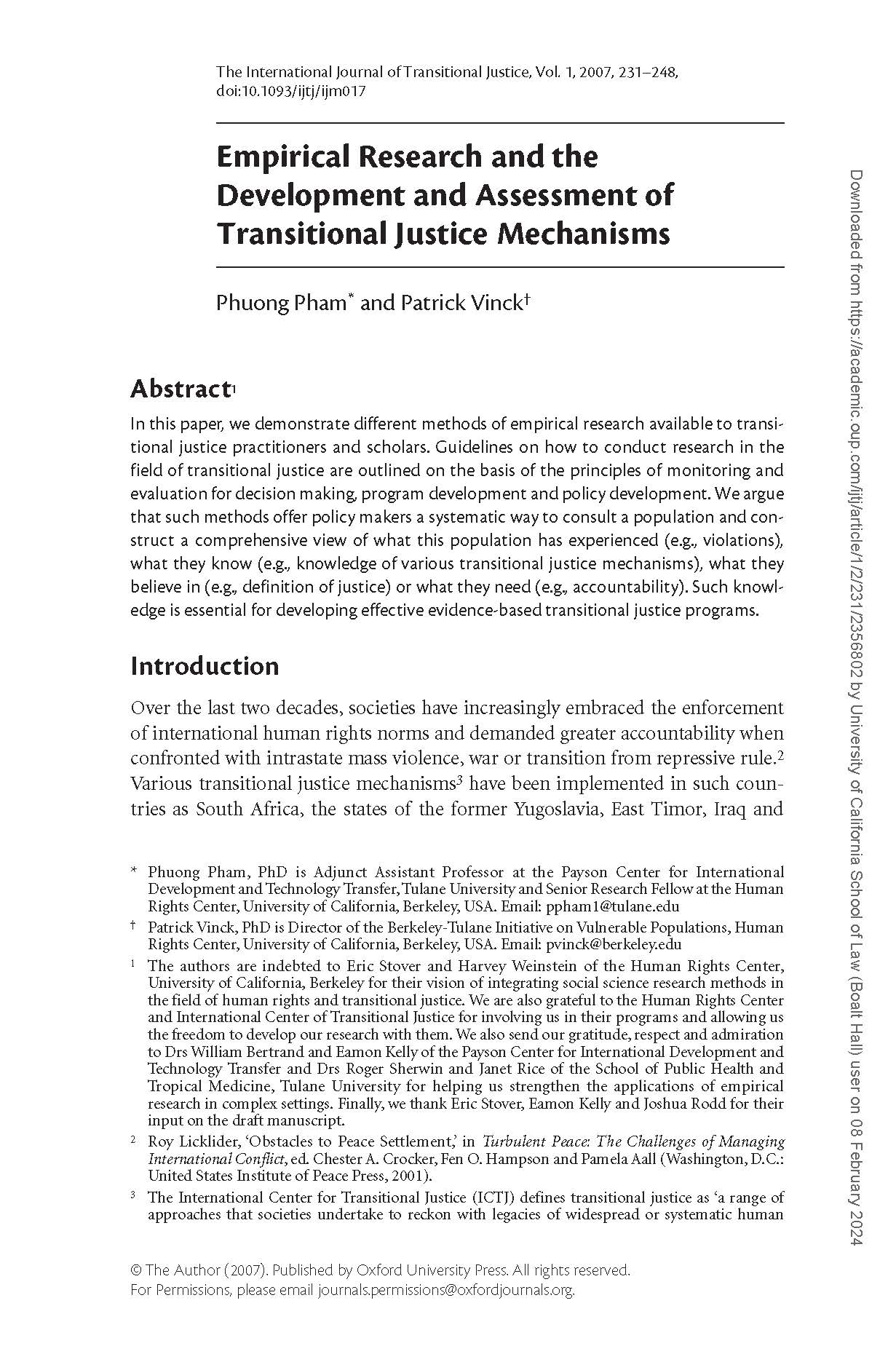 Pages from Empirical Research and the Development and Assessment of Transitional Justice Mechanisms