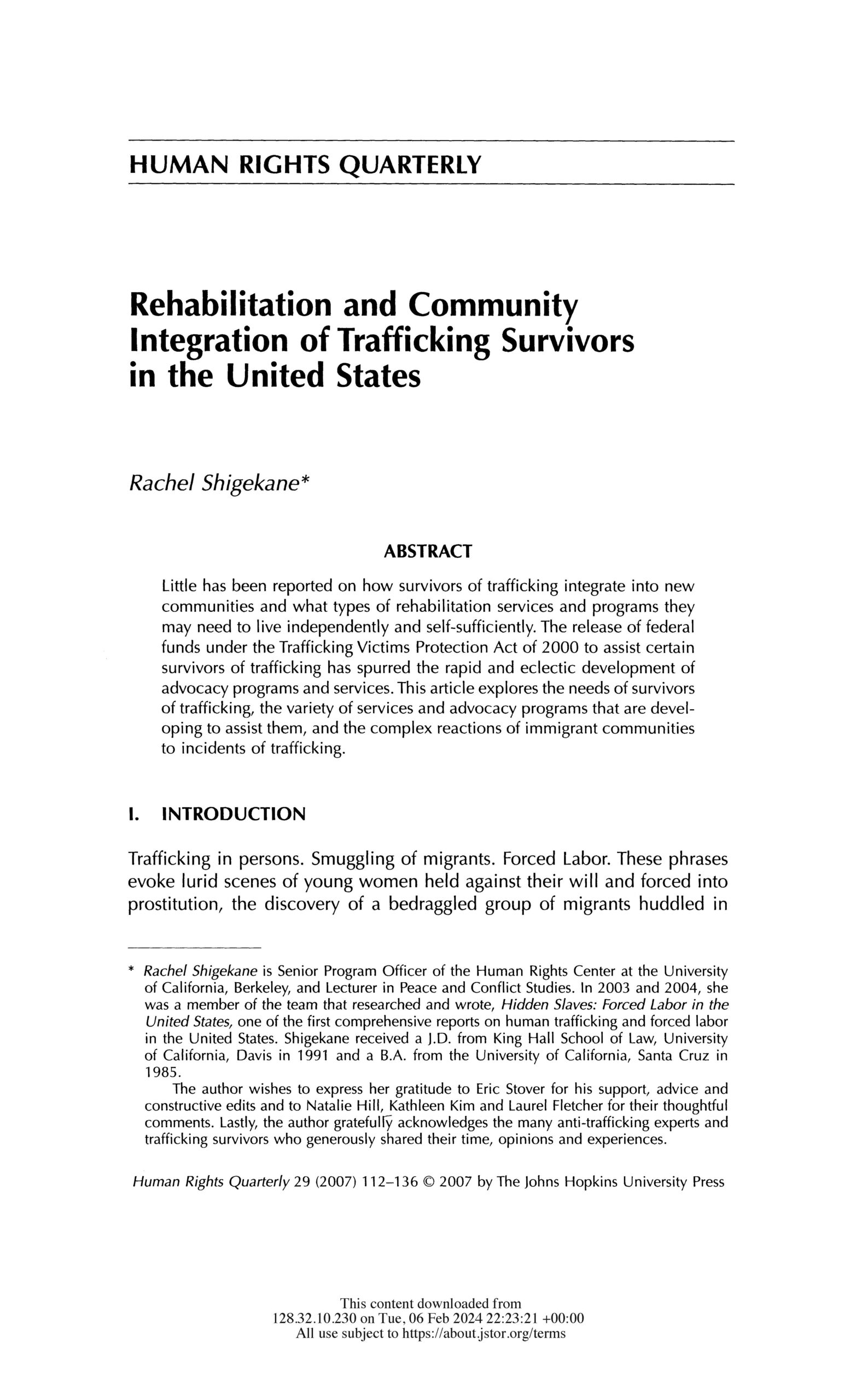 Rehabilitation and Community Integration of Trafficking Survivors in the United States
