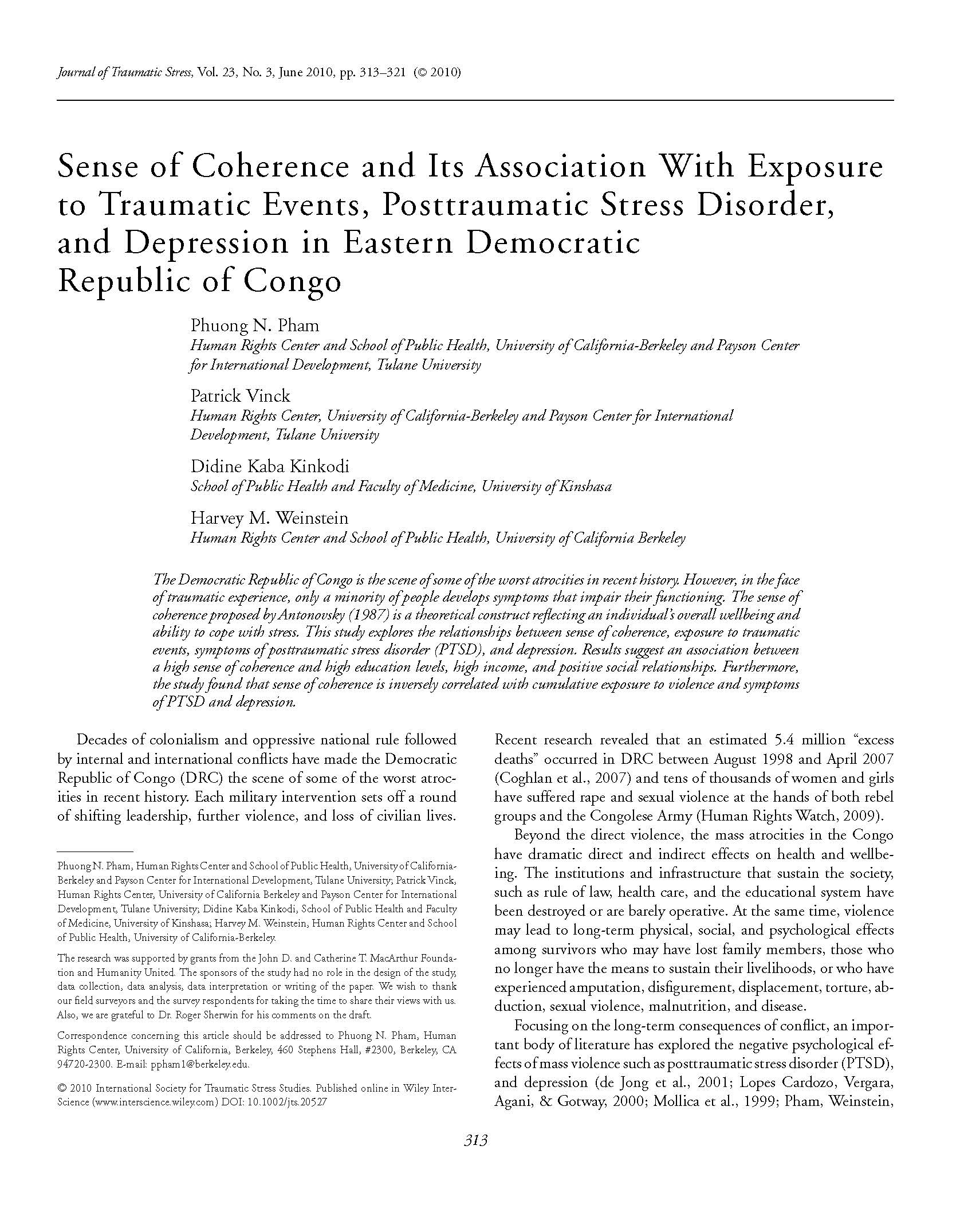 Pages from Sense of coherence and its association with exposure to traumatic events, posttraumatic stress disorder, and depression in eastern Democratic Republic of Congo