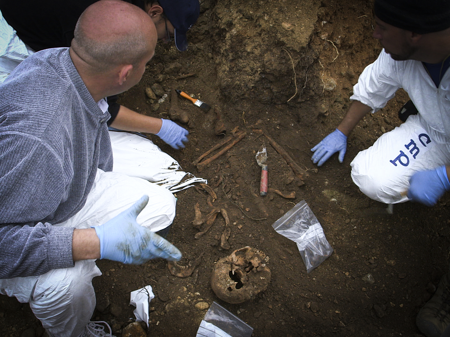 Investigators work on a forensic dig.