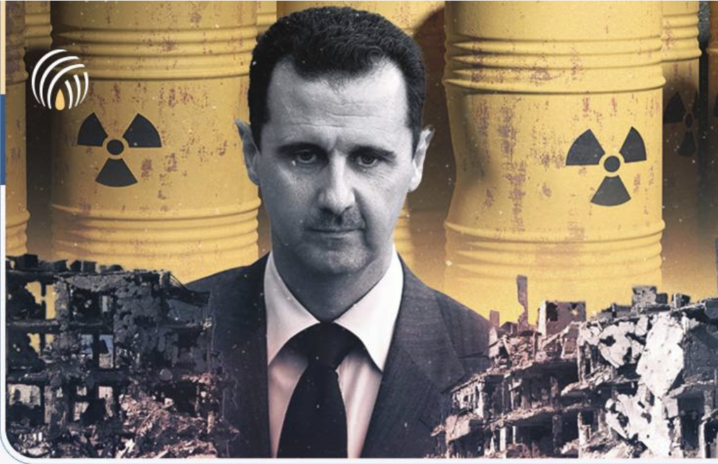 An collage of Syrian President Bashar al-Assad in between two containers indicating chemical content.