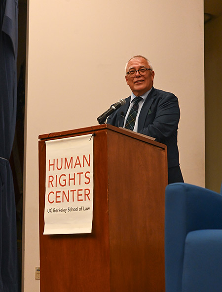 International Criminal Court President Piotr Hofmański addresses a full crowd during his recent visit to Berkeley Law. Photo by Maggie Andresen.