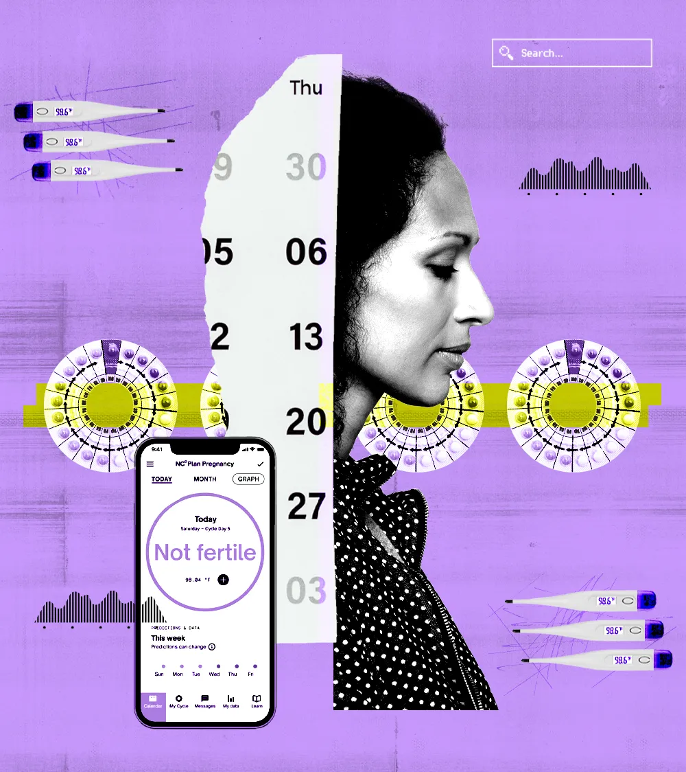 An illustration of a woman with many numbers surrounding her, as well as several pregnancy tests, pill boxes, and a phone that depicts a period-tracking app.