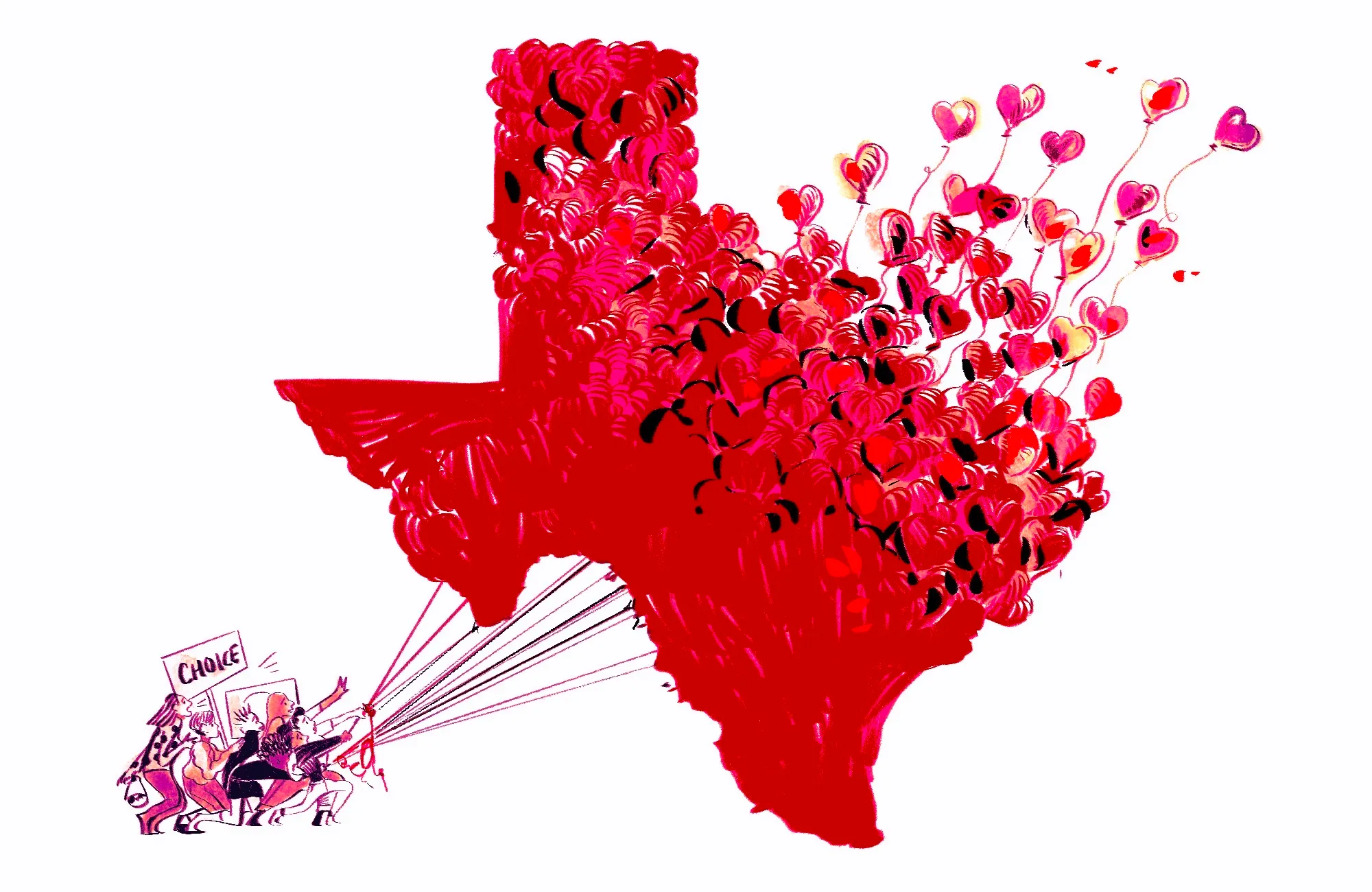 An illustration of the state of texas being held together as a group of heart-shaped balloons. A group of women hold the balloon strings and carry a sign reading 