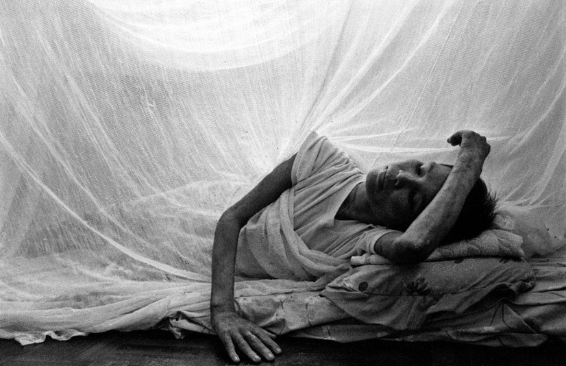 A woman sleeps under a mosquito net.