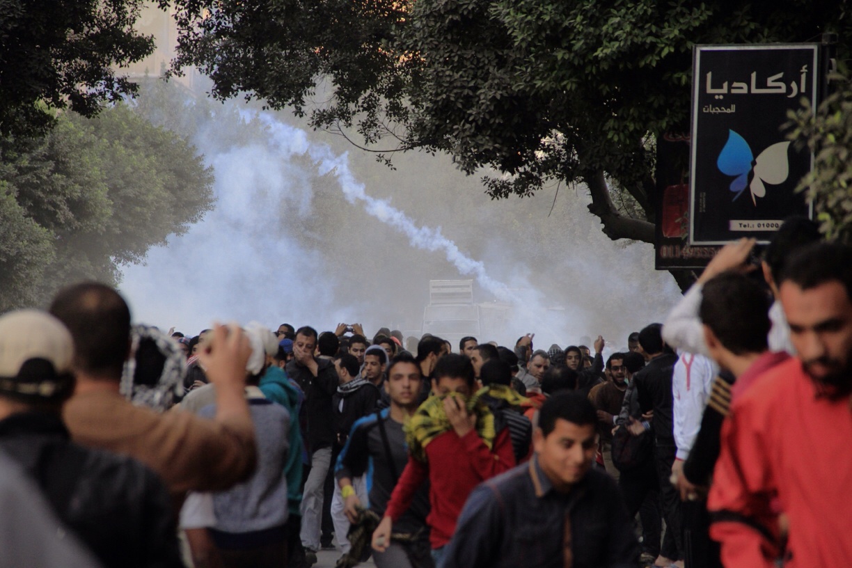 Protesters are confronted with tear gas during a demonstration.