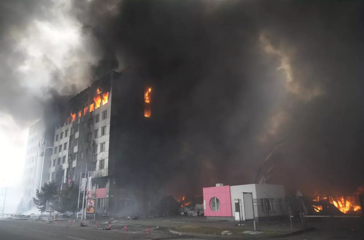 A building burns in Kyiv, Ukraine, from a rocket attack by Russian forces on Thursday. (Efrem Lukatsky / Associated Press ).