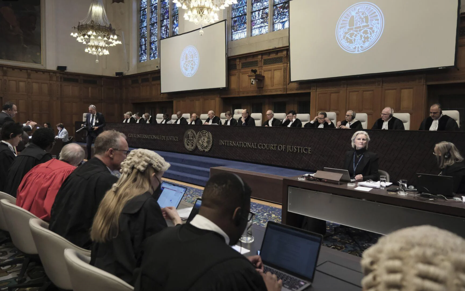 Judges and parties sit during a hearing at the International Court of Justice in The Hague, Netherlands, on Jan. 12, 2024. Patrick Post