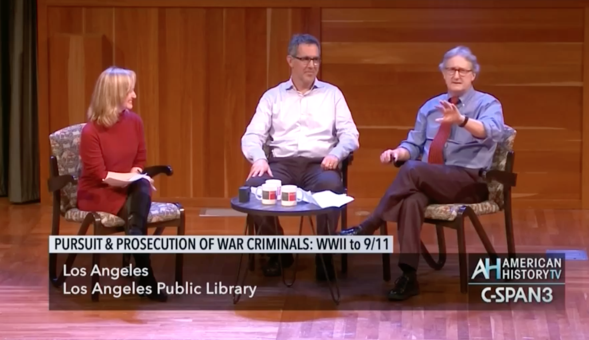 Alexa Koenig, Victor Peskin, and Eric Stover speaking at the Los Angeles Public Library.