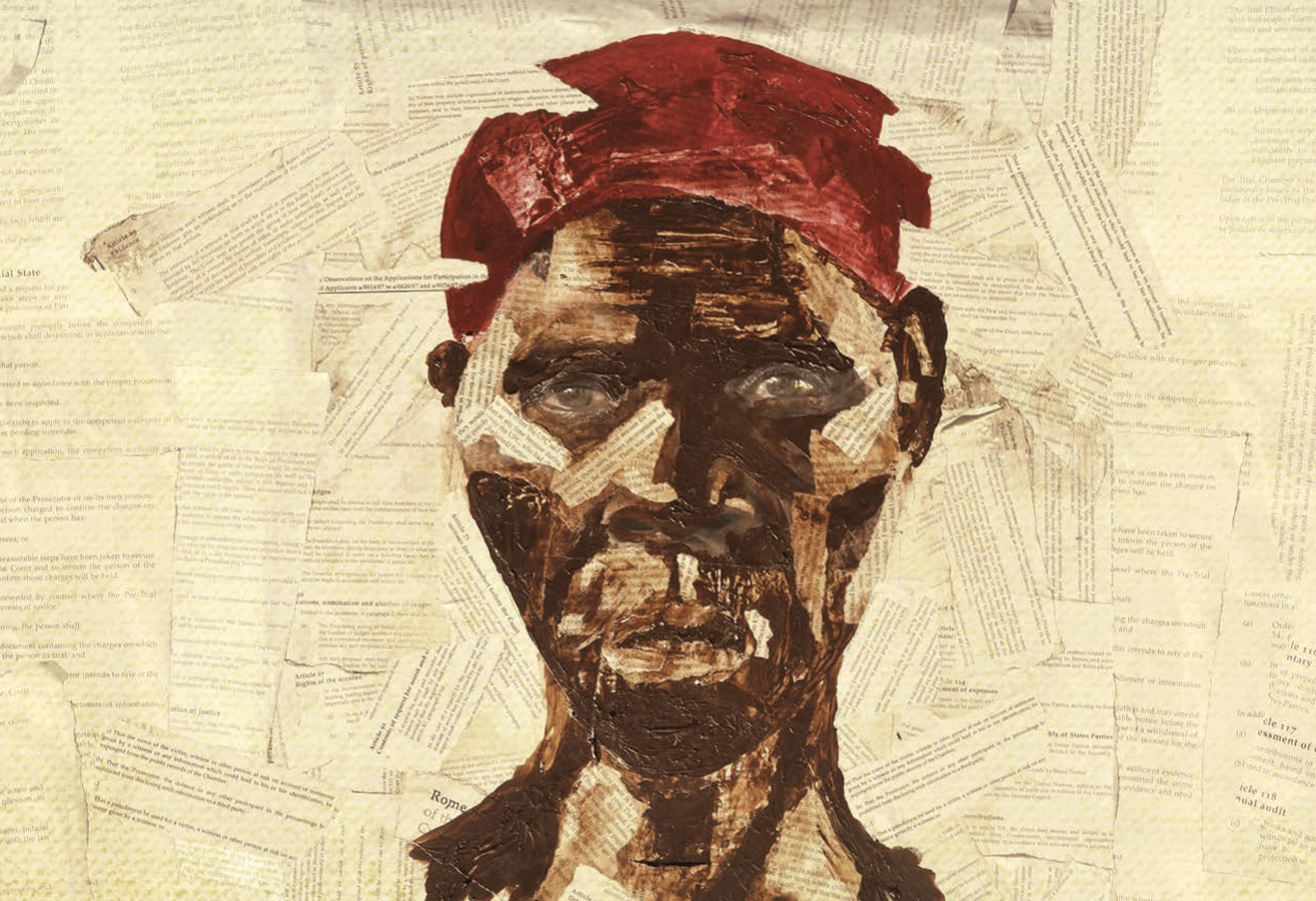 A painting of a woman's face with a red headscarf, over a collage of news clippings.