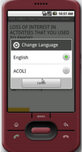 A screenshot reading "Change Language" with the options as English and Acholi.