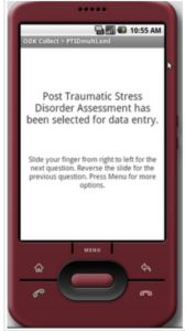 A screenshot reading "Post Traumatic Stress Disorder Assessment has been selected for data entry. Slide your finger from right to left for the next question. Reverse the slide for the previous question. Press Menu for more options."