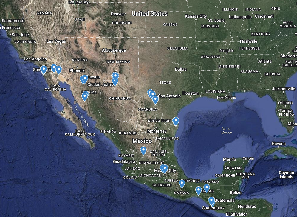 A map of central Mexico and the western United States with pins in various locations.