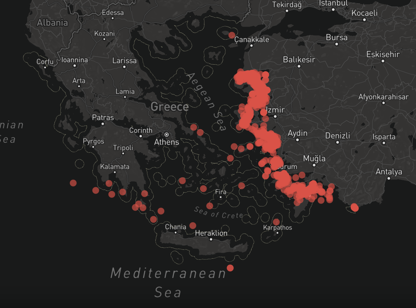 Map showing the Mediterranean sea and many red dots across the coastline of Europe.