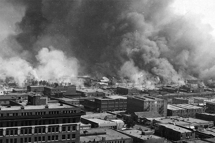 A rampage by a white mob that began May 31, 1921, in a prosperous area of Tulsa, Oklahoma, known as Black Wall Street, left more than 100 Black people dead, 37 blocks of their homes and businesses burned and thousands of residents homeless. (Library of Congress/Wikipedia).