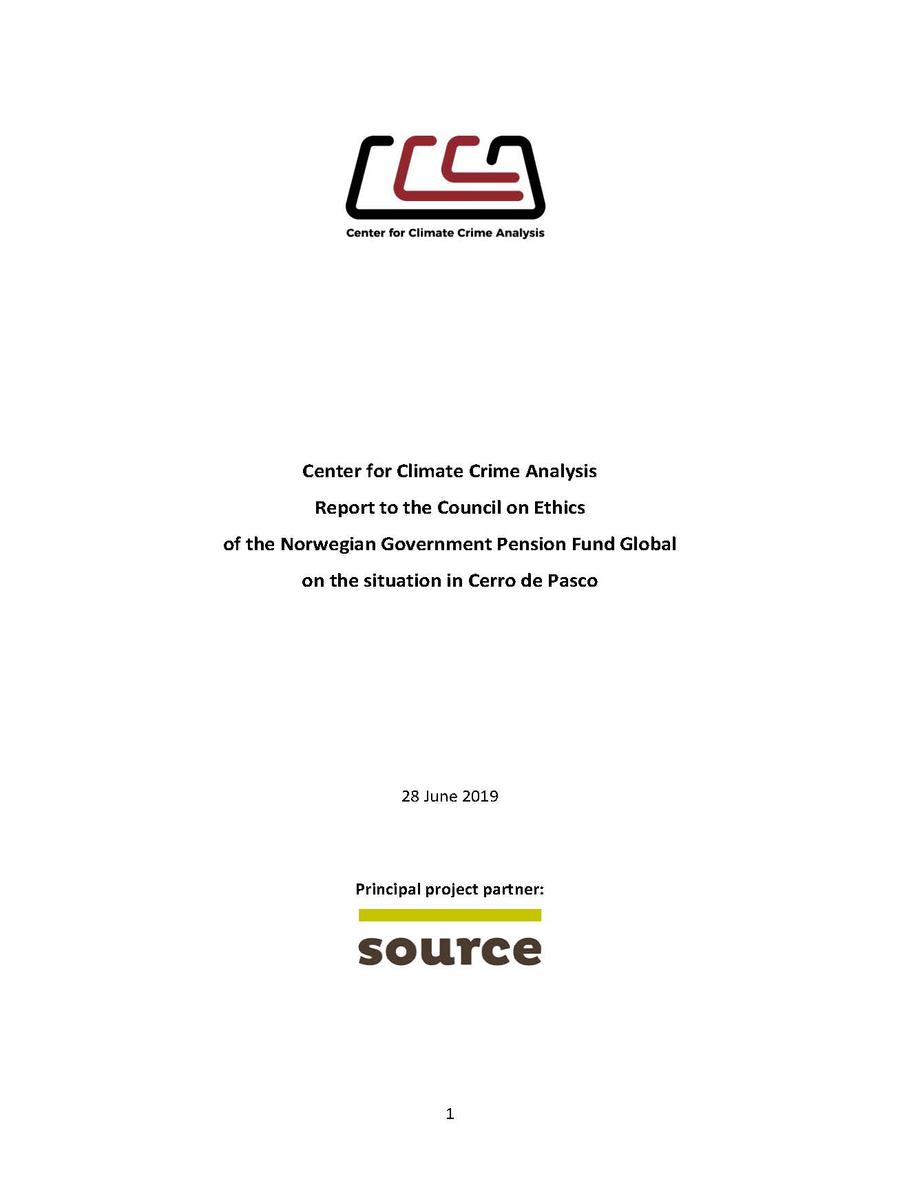Cover of Center for Climate Crime Analysis Report to the Council on Ethics of the Norwegian Government Pension Fund Global on the situation in Cerro de Pasco