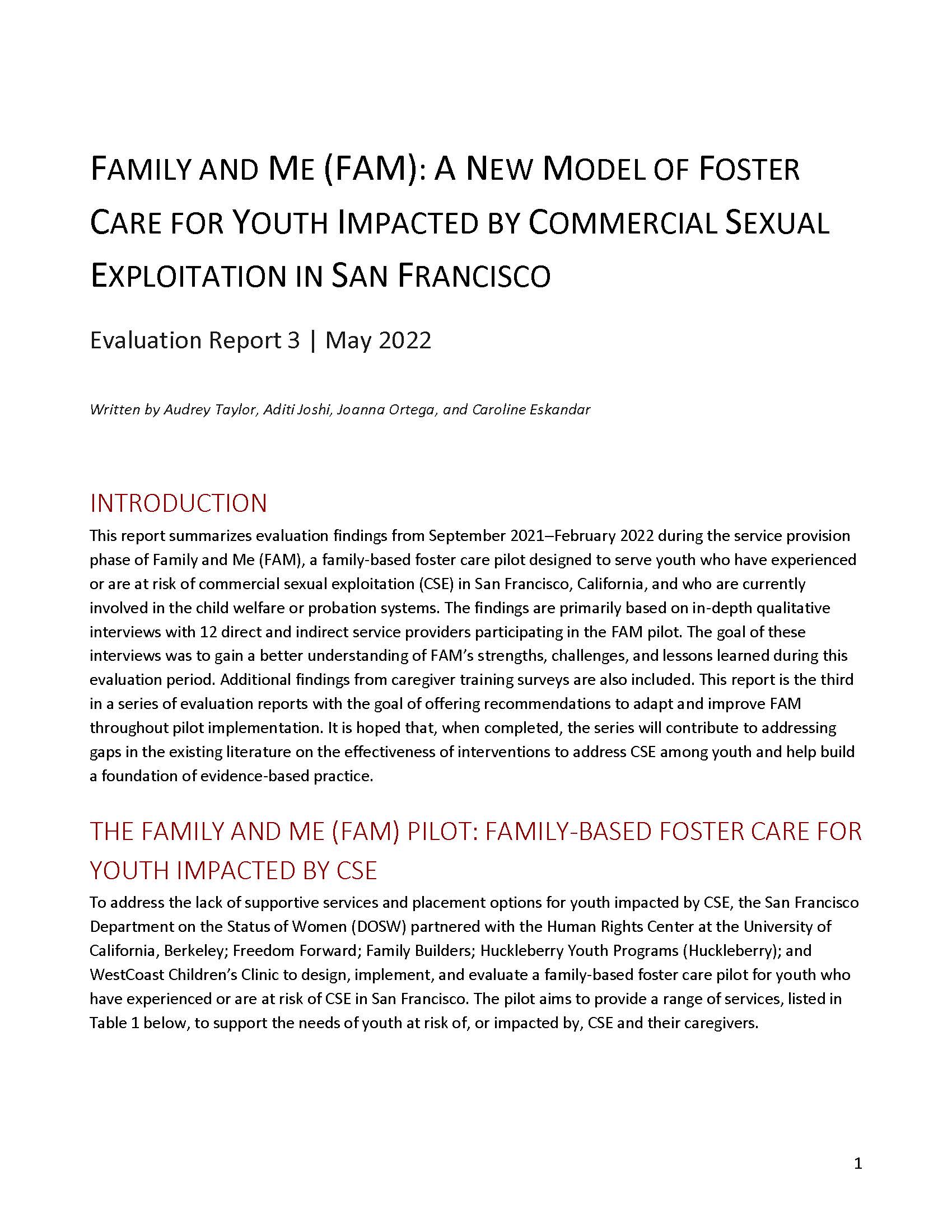 Family and Me (FAM): A New Model of Foster Care for Youth Impacted by Commercial Sexual Exploitation in San Francisco (Evaluation 3)