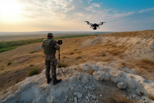 A soldier flies a drone.