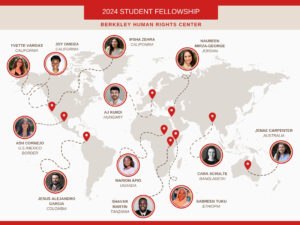 A map of the world features eleven faces with pin points demonstrating where they are doing field work. The map is titled "2024 Student Fellowship: Berkeley Human Rights Center."