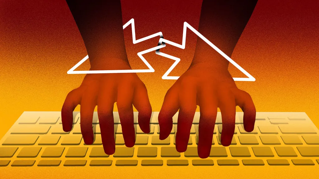 Two hands with arrows drawn around them press on a keyboard.