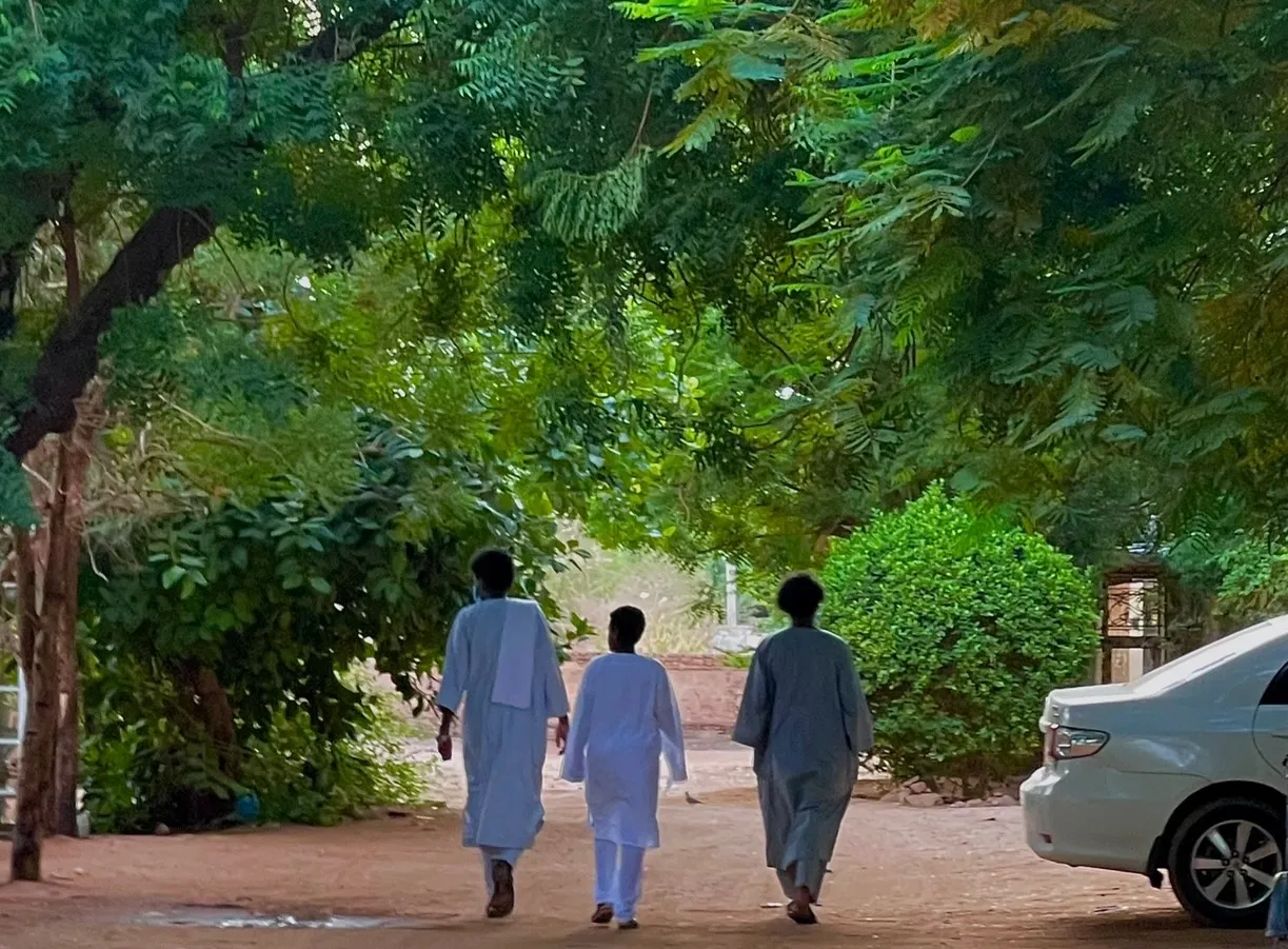 Three men walk on a dirt road. Their backs are to the camera. There are lush trees surrounding them.